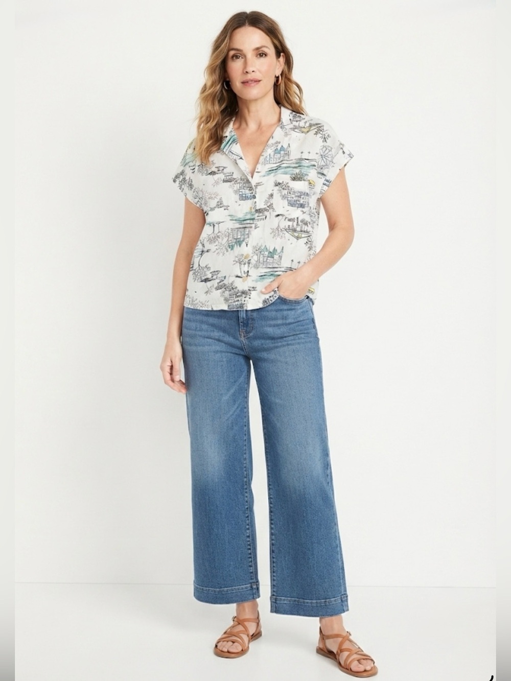 Old Navy City Print Button Down Top woman size xS